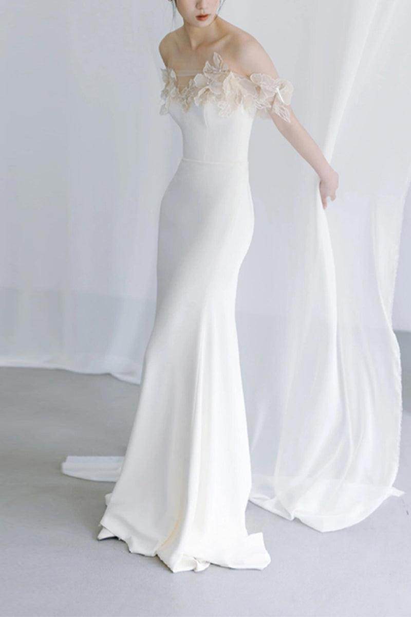 Sheath-Column Sweep-Brush Train Satin Wedding Dress 820632172851 - COCOMELODY